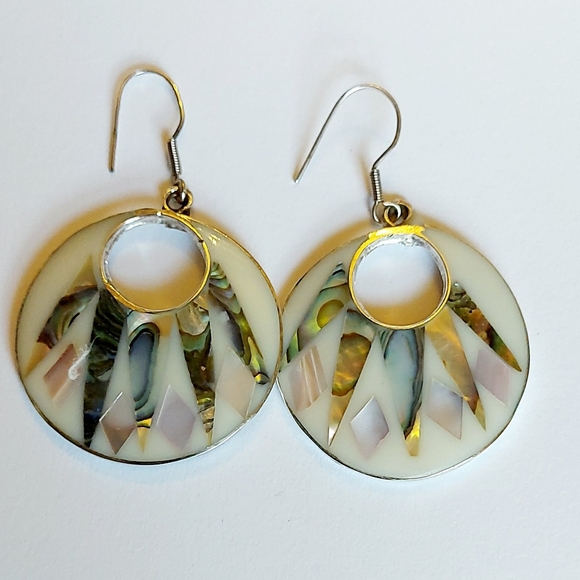 Mother of Pearl and Abalone Earrings, Alpaca Mexico, Starburst Dangle - Picture 2 of 5